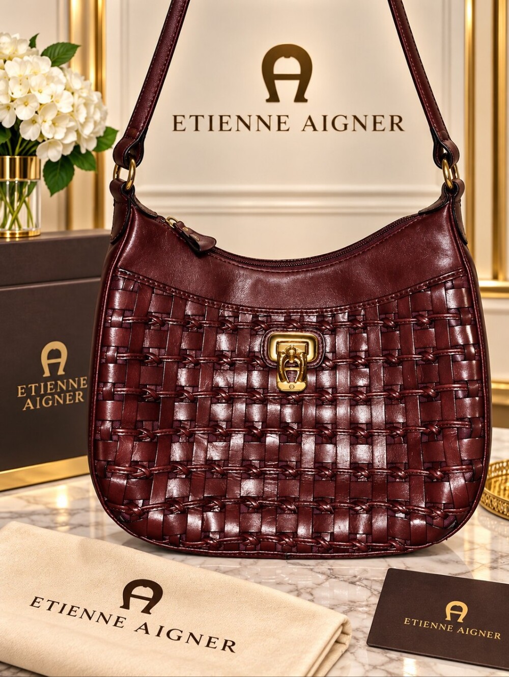 Vintage Etienne Aigner Burgundy Woven Leather Shoulder Bag